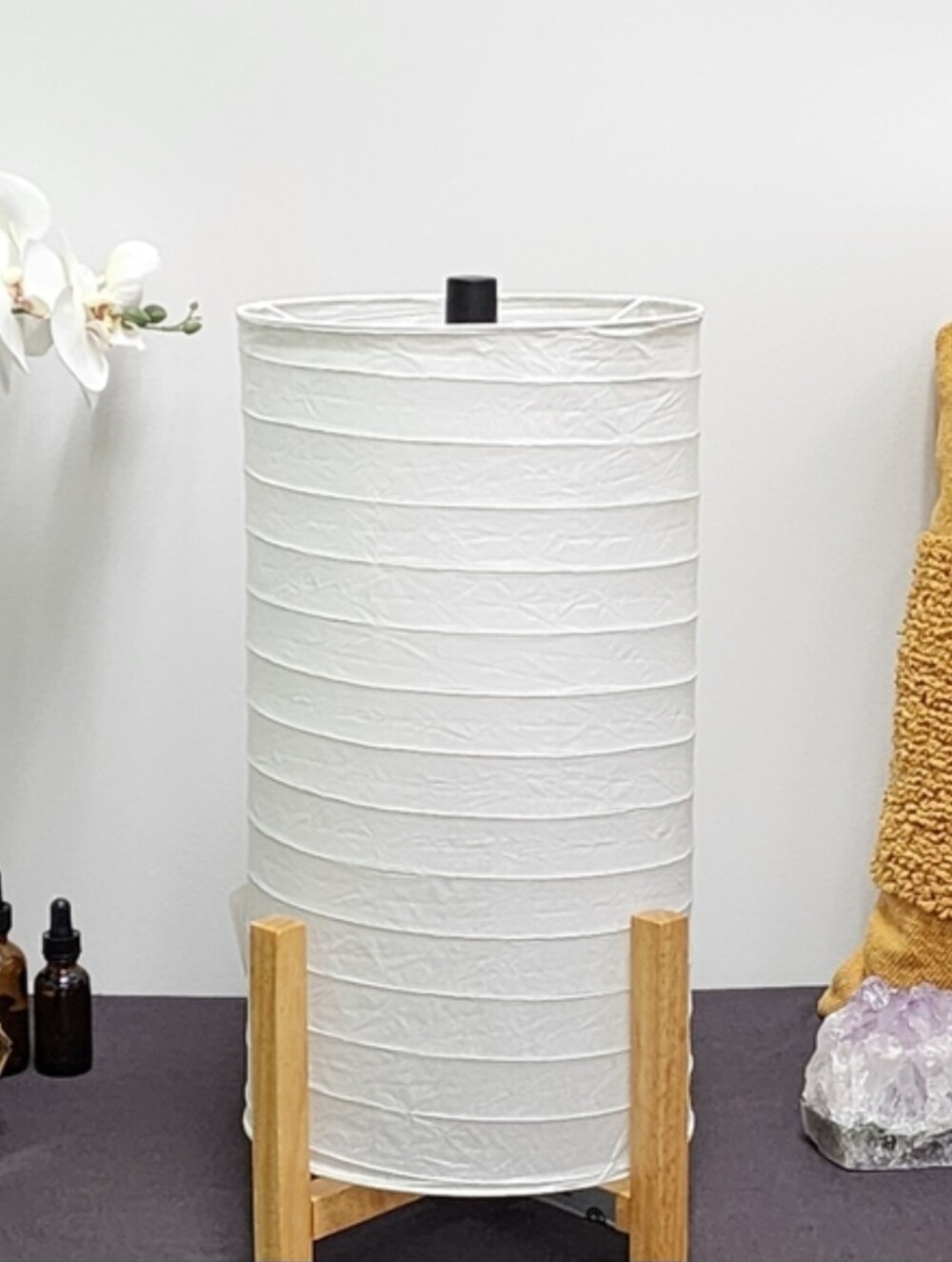 White Modern Paper Lantern Style Table Lamp with Wooden Base